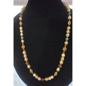 Women's Unique Beaded Necklace Turquoise, Pearls & Gold Tones, Angel Clasp